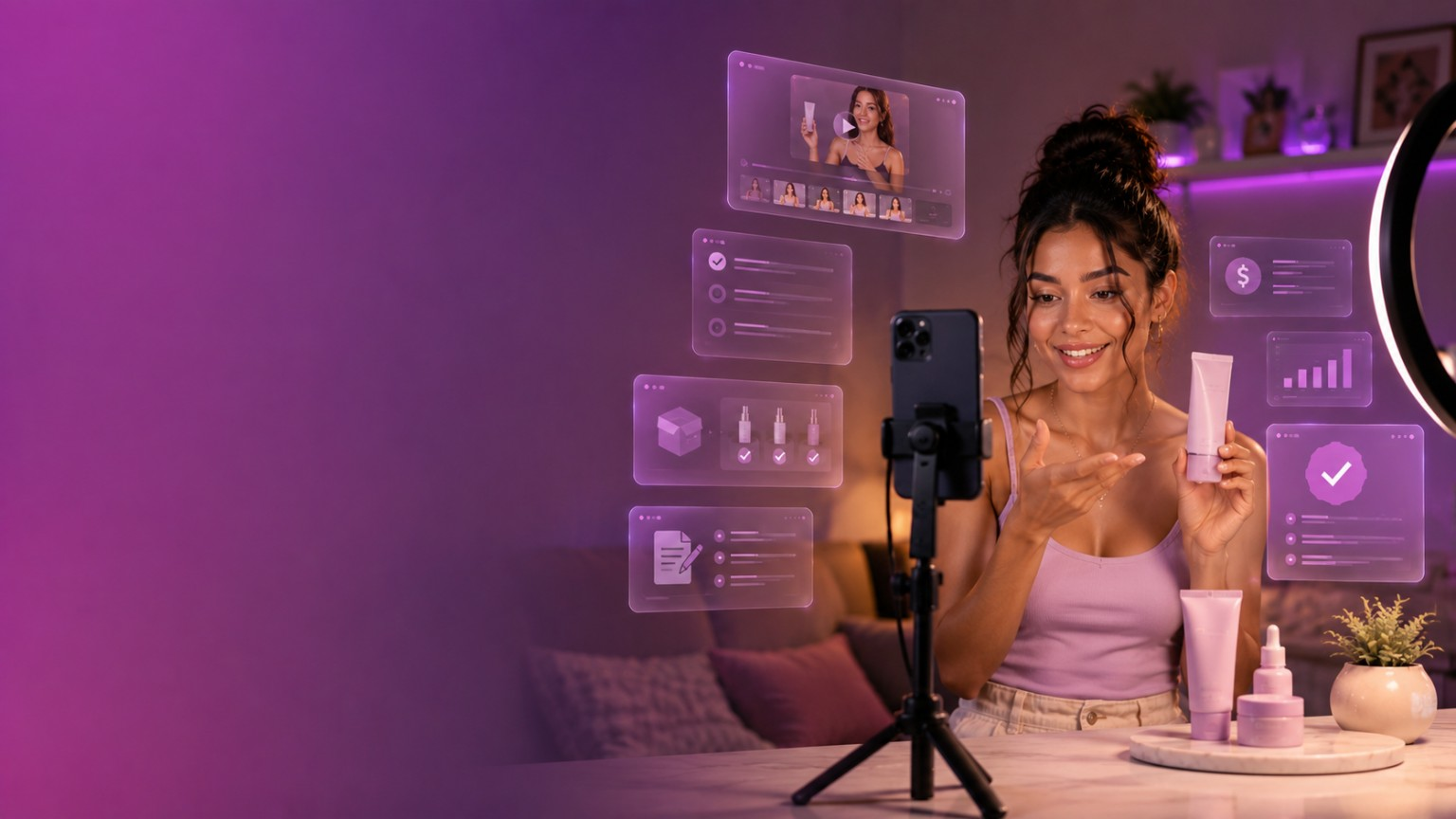 UGC creator gravando vídeo vertical para campanha de marca